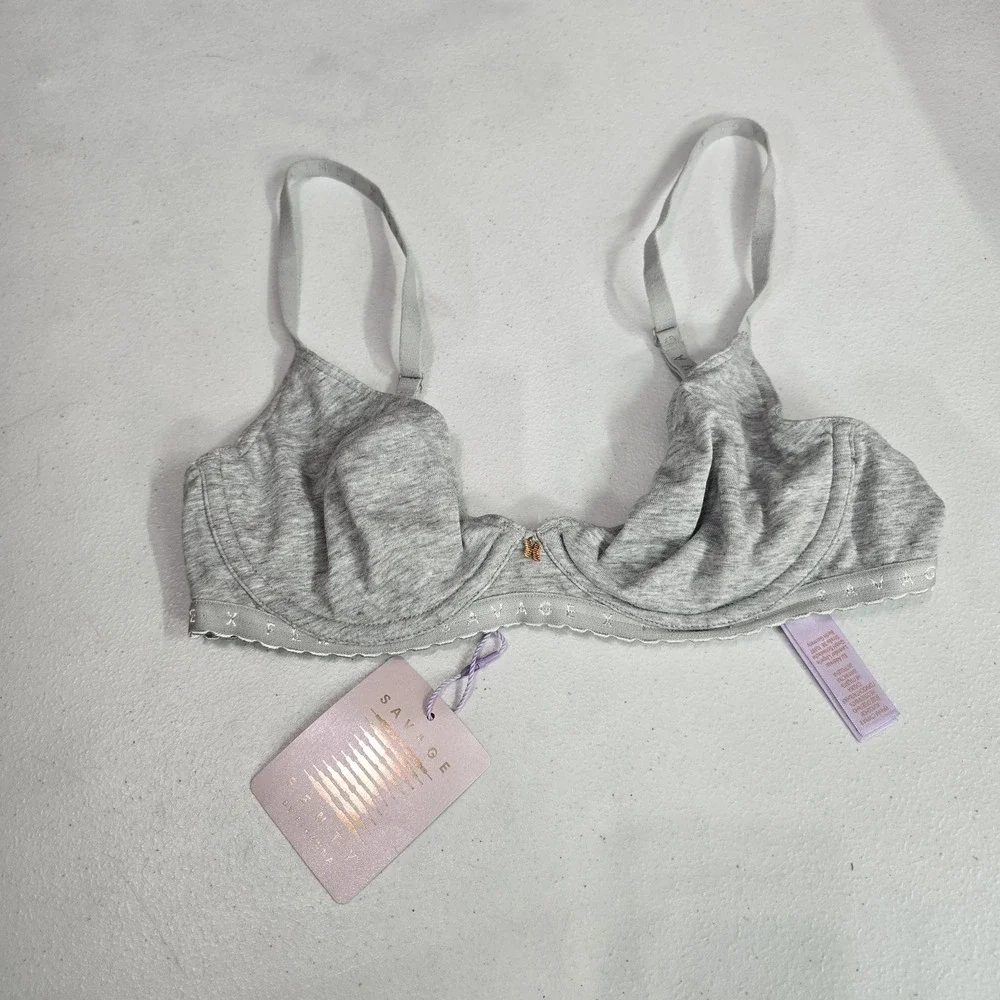 Savage X Fenty Women Bra 32B Gray Bralette Wireless Logo Bow‎ Unlined Strap NWT